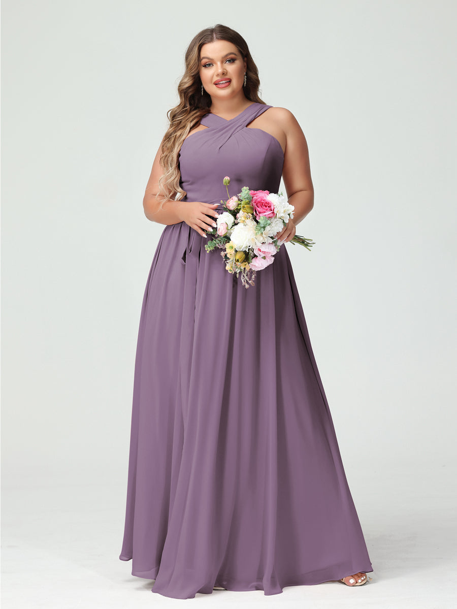 A-Line/Princess Criss Cross Sleeveless Chiffon Plus Size Bridesmaid Dresses with Sash Dusty Purple