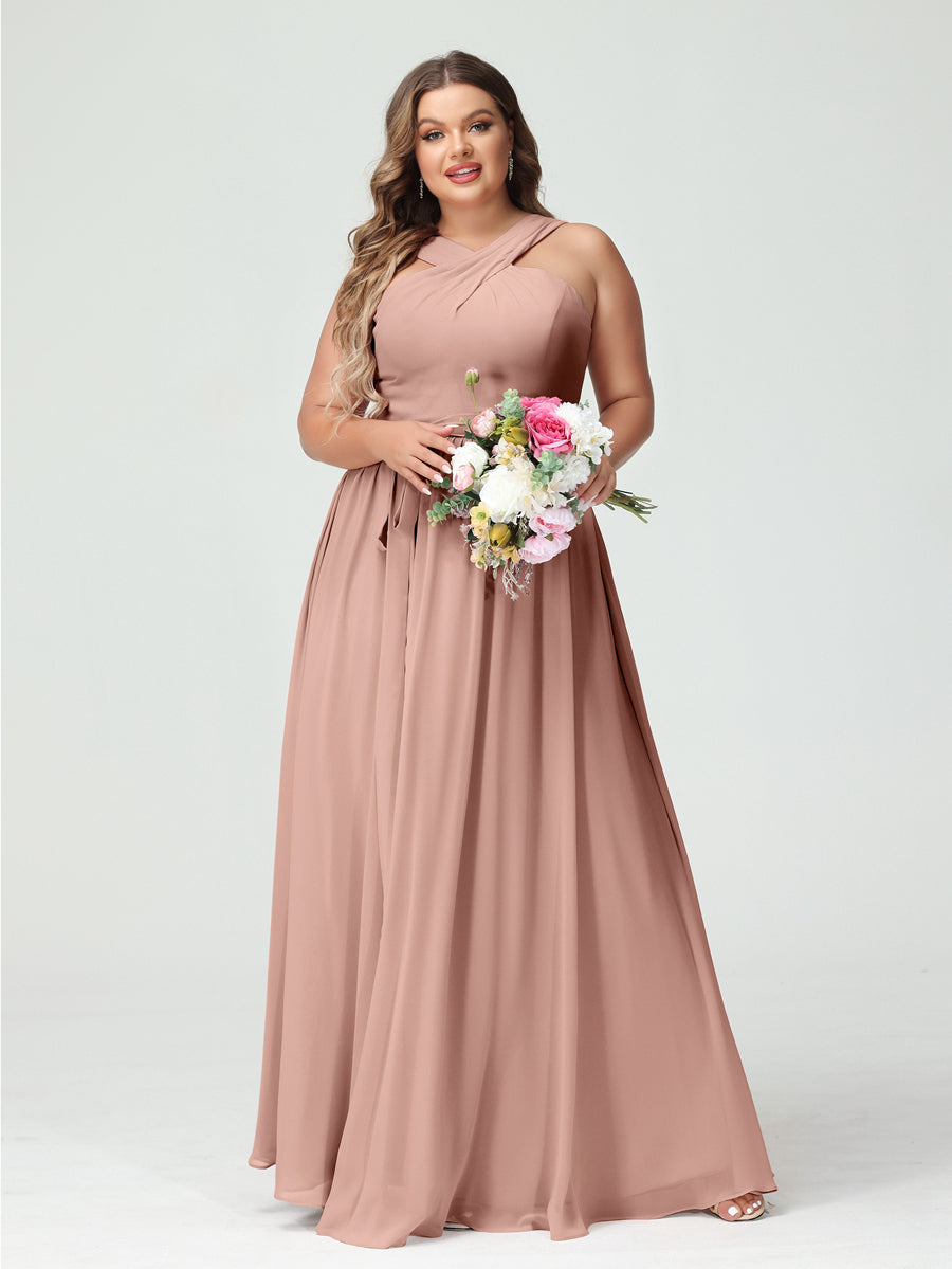 A-Line/Princess Criss Cross Sleeveless Chiffon Plus Size Bridesmaid Dresses with Sash Dusty Rose