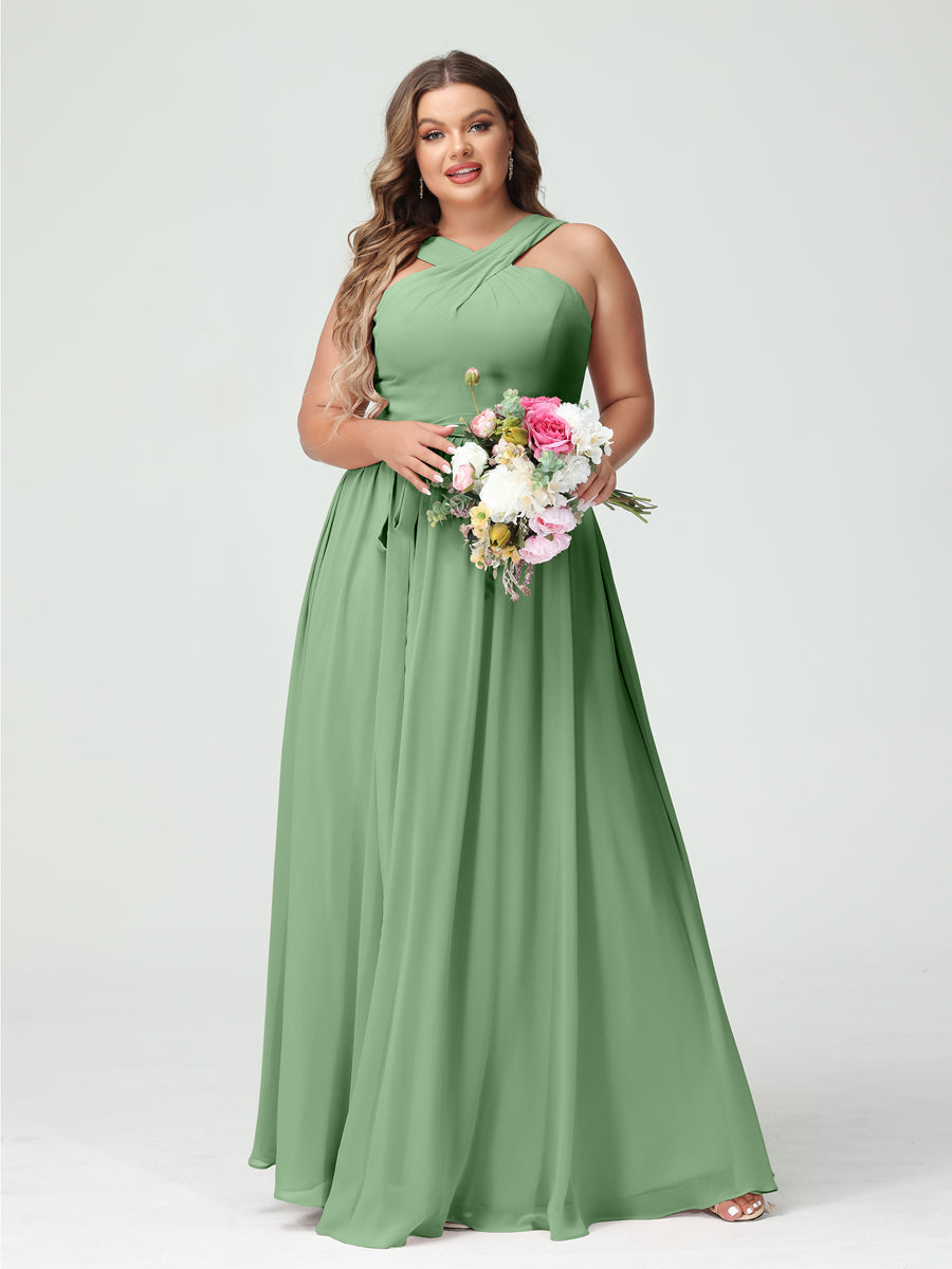 A-Line/Princess Criss Cross Sleeveless Chiffon Plus Size Bridesmaid Dresses with Sash Dusty Sage