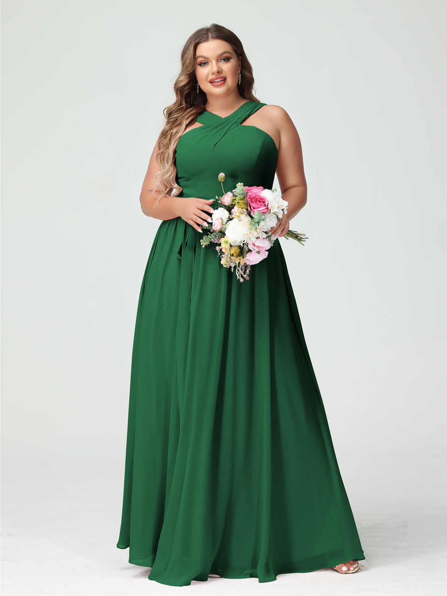 A-Line/Princess Criss Cross Sleeveless Chiffon Plus Size Bridesmaid Dresses with Sash Emerald