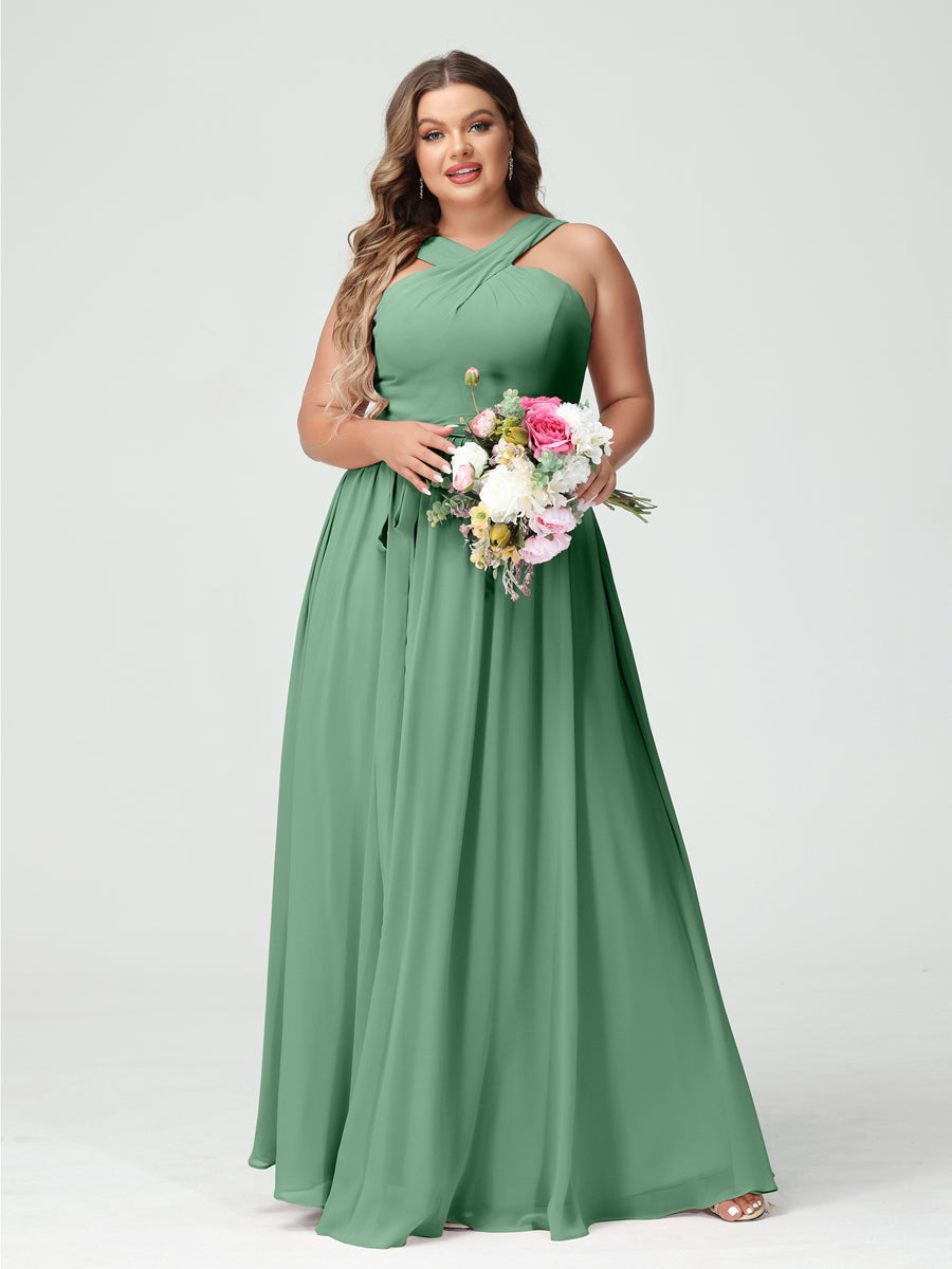 A-Line/Princess Criss Cross Sleeveless Chiffon Plus Size Bridesmaid Dresses with Sash Eucalyptus