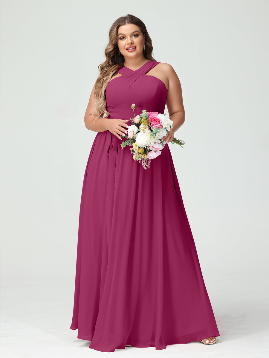 A-Line/Princess Criss Cross Sleeveless Chiffon Plus Size Bridesmaid Dresses with Sash Fuchsia