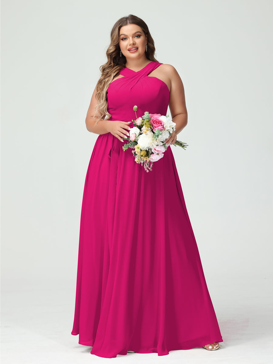 A-Line/Princess Criss Cross Sleeveless Chiffon Plus Size Bridesmaid Dresses with Sash Fuchsia Pink