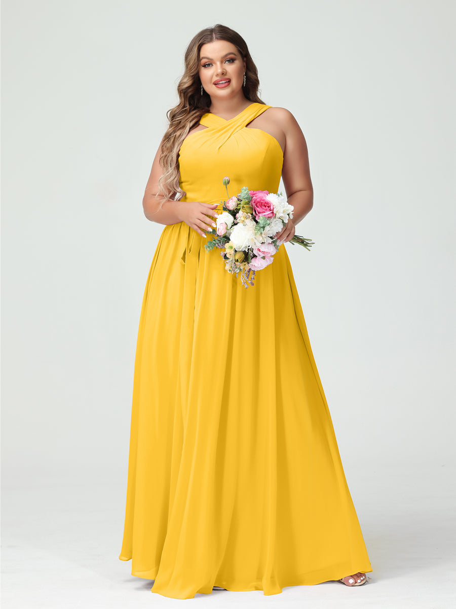 A-Line/Princess Criss Cross Sleeveless Chiffon Plus Size Bridesmaid Dresses with Sash Gold