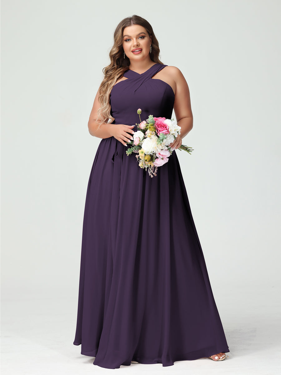 A-Line/Princess Criss Cross Sleeveless Chiffon Plus Size Bridesmaid Dresses with Sash Grape