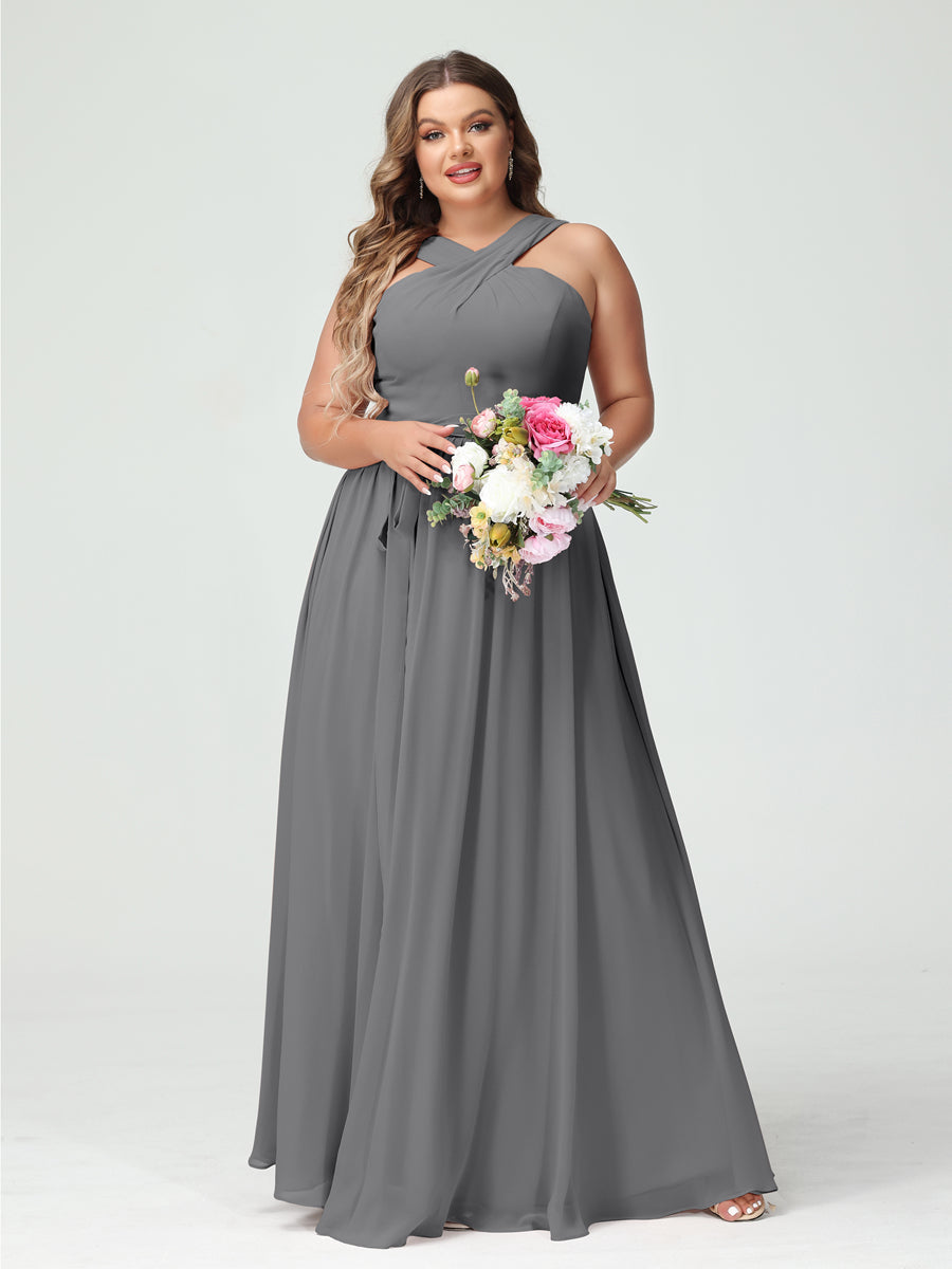 A-Line/Princess Criss Cross Sleeveless Chiffon Plus Size Bridesmaid Dresses with Sash Gray