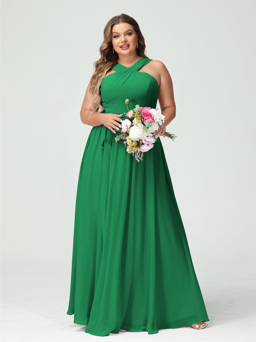 A-Line/Princess Criss Cross Sleeveless Chiffon Plus Size Bridesmaid Dresses with Sash Green
