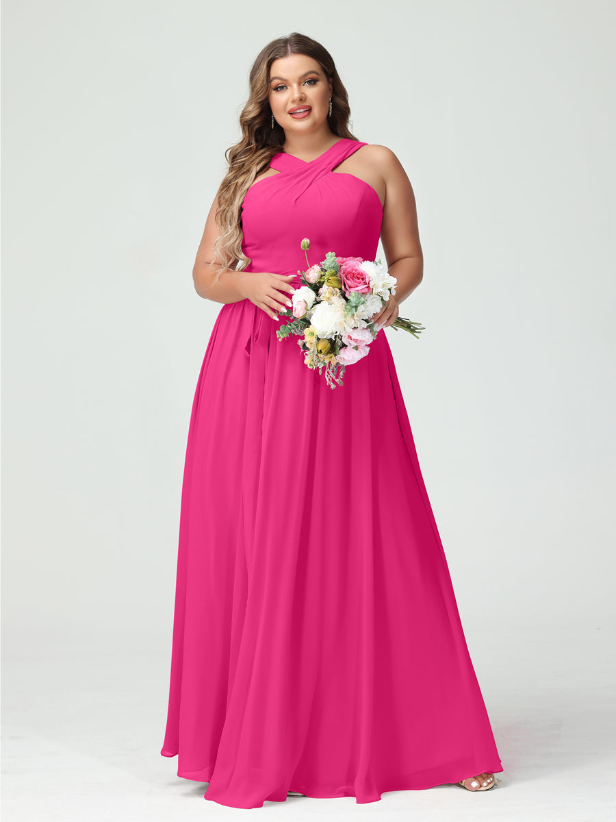 A-Line/Princess Criss Cross Sleeveless Chiffon Plus Size Bridesmaid Dresses with Sash Hot Pink