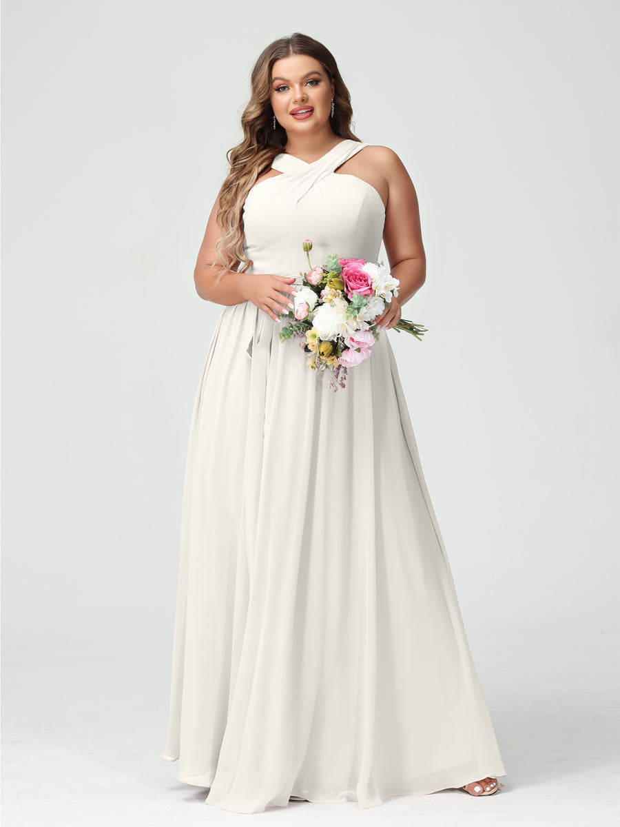 A-Line/Princess Criss Cross Sleeveless Chiffon Plus Size Bridesmaid Dresses with Sash Ivory