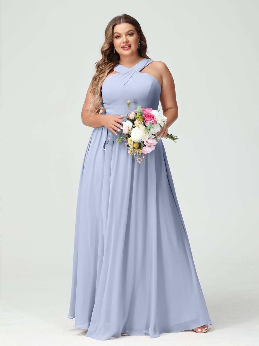 A-Line/Princess Criss Cross Sleeveless Chiffon Plus Size Bridesmaid Dresses with Sash Lavender
