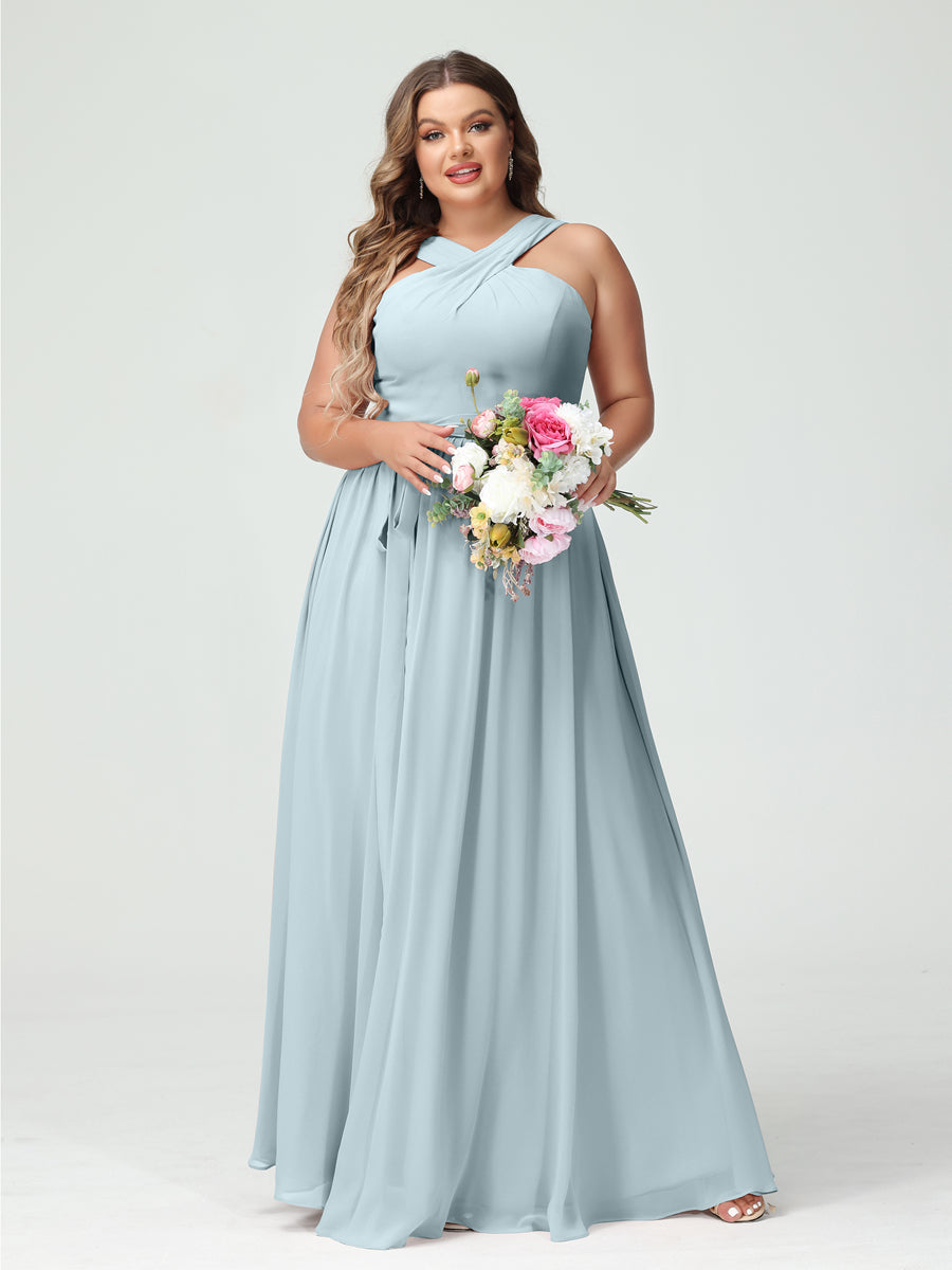 A-Line/Princess Criss Cross Sleeveless Chiffon Plus Size Bridesmaid Dresses with Sash Light Blue