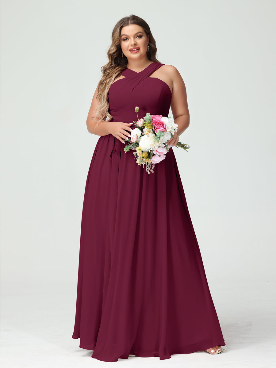 A-Line/Princess Criss Cross Sleeveless Chiffon Plus Size Bridesmaid Dresses with Sash Light Burgundy