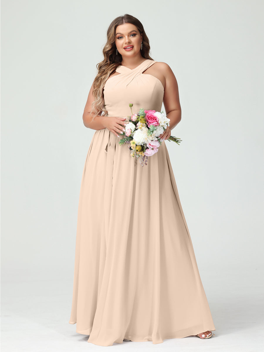 A-Line/Princess Criss Cross Sleeveless Chiffon Plus Size Bridesmaid Dresses with Sash Light Champagne