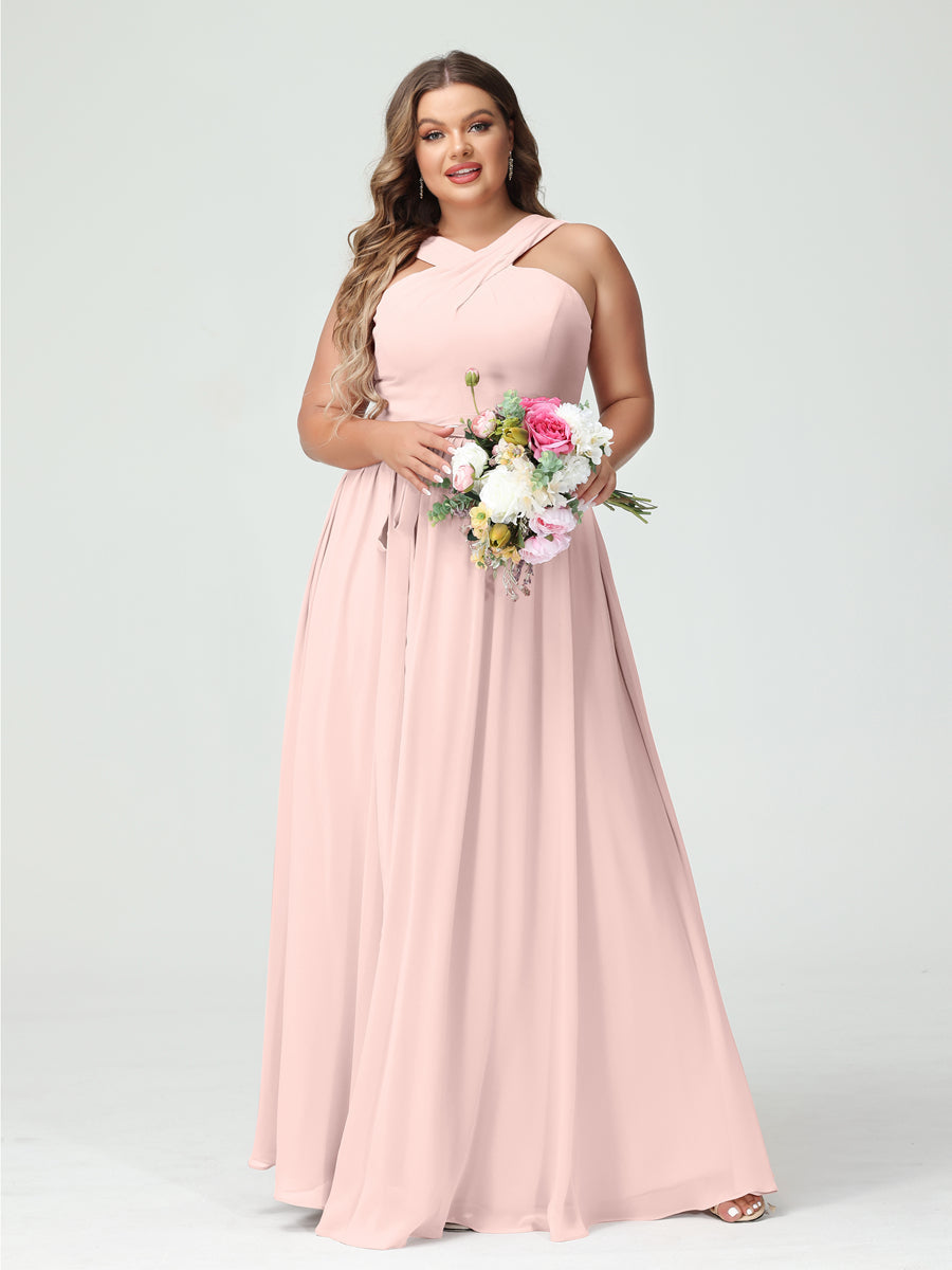A-Line/Princess Criss Cross Sleeveless Chiffon Plus Size Bridesmaid Dresses with Sash Light Pink