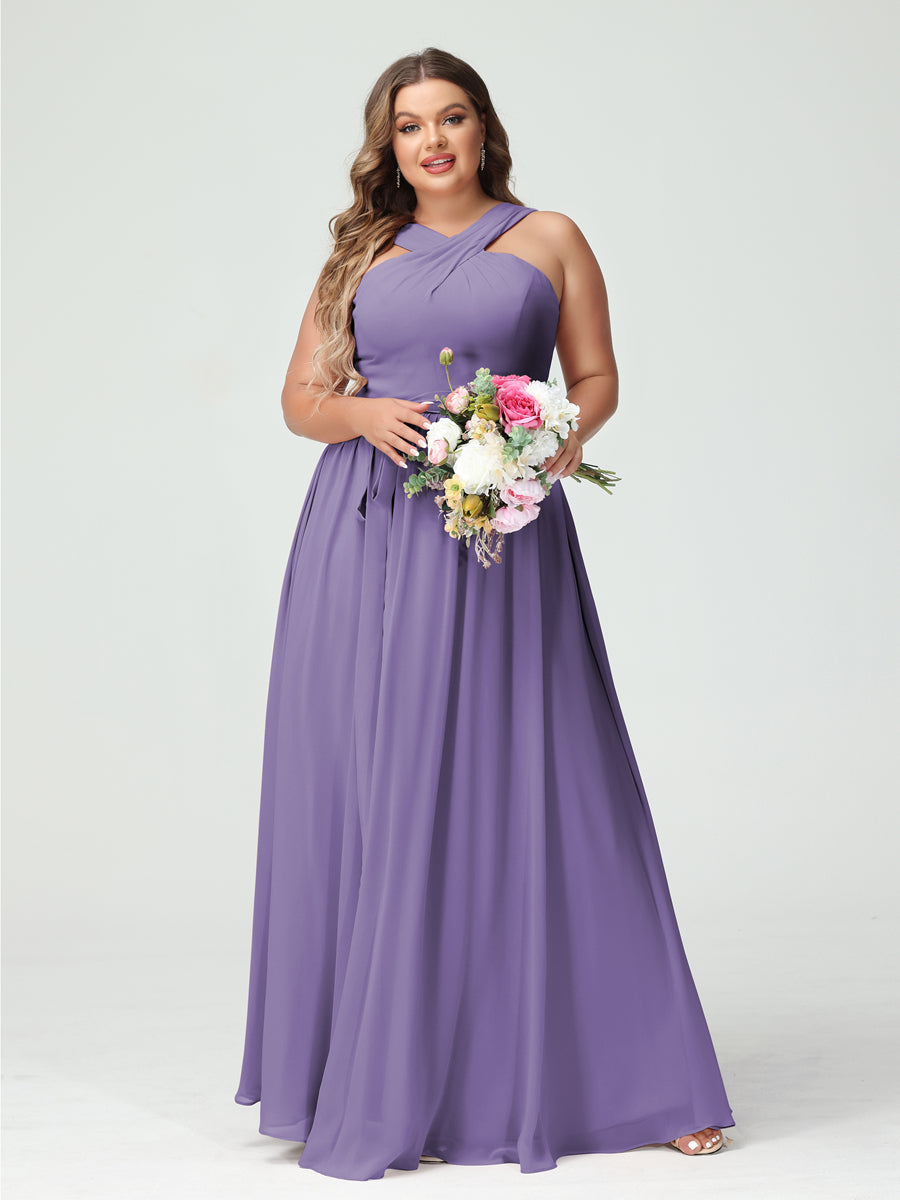 A-Line/Princess Criss Cross Sleeveless Chiffon Plus Size Bridesmaid Dresses with Sash Light Purple