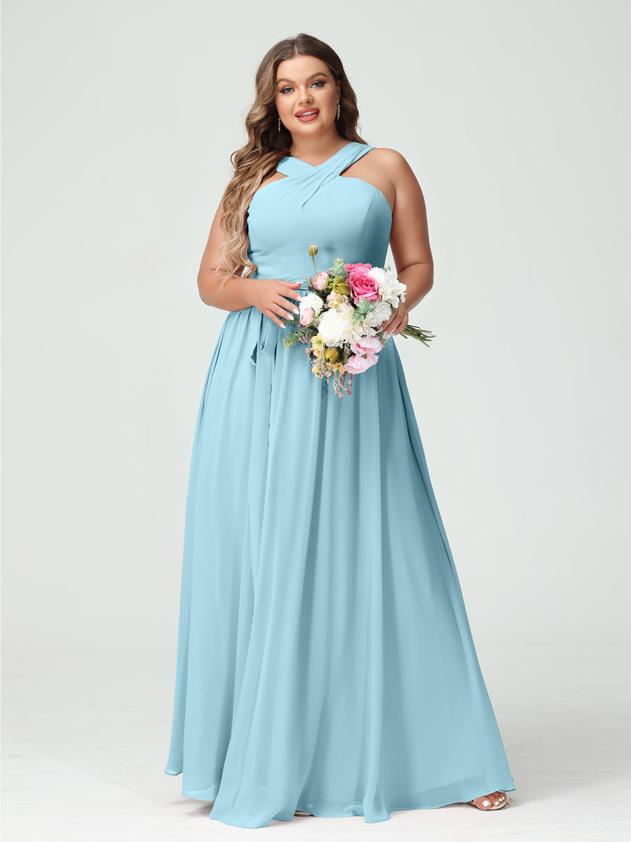 A-Line/Princess Criss Cross Sleeveless Chiffon Plus Size Bridesmaid Dresses with Sash Light Sky Blue