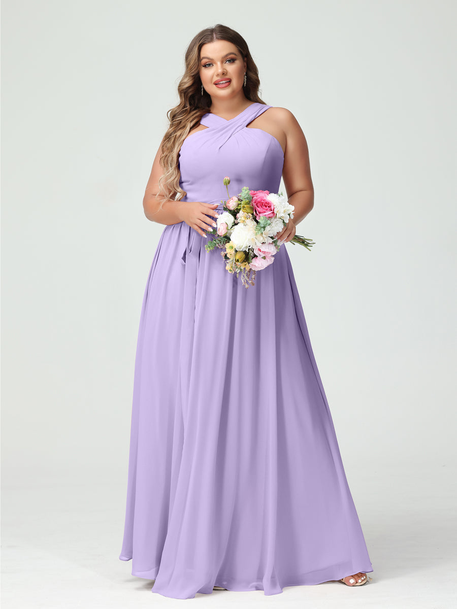 A-Line/Princess Criss Cross Sleeveless Chiffon Plus Size Bridesmaid Dresses with Sash Lilac