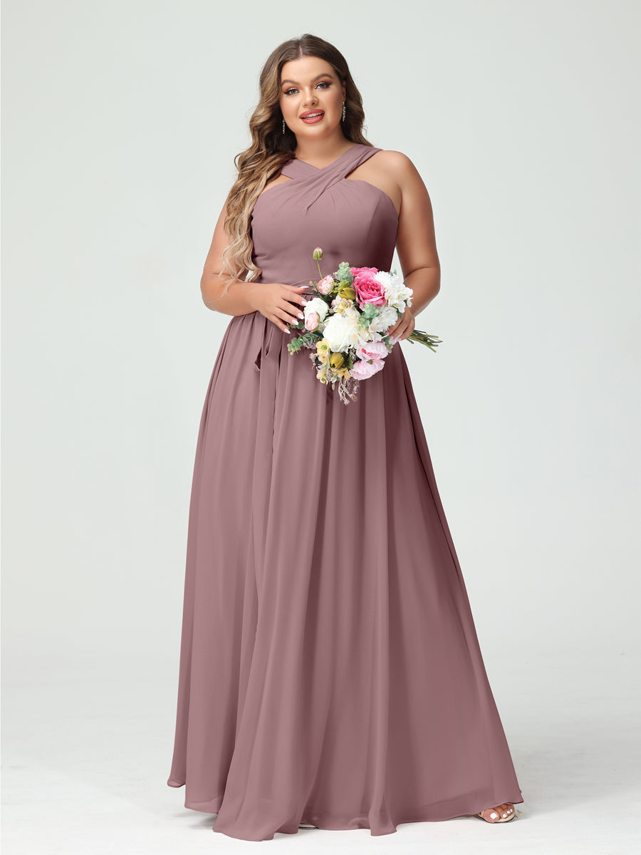 A-Line/Princess Criss Cross Sleeveless Chiffon Plus Size Bridesmaid Dresses with Sash Mauve