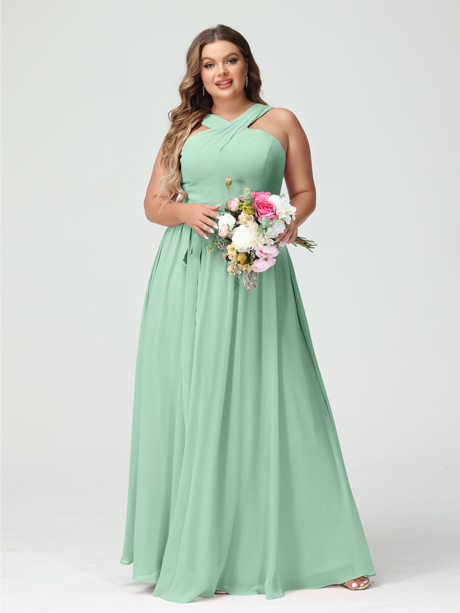 A-Line/Princess Criss Cross Sleeveless Chiffon Plus Size Bridesmaid Dresses with Sash Mint Green