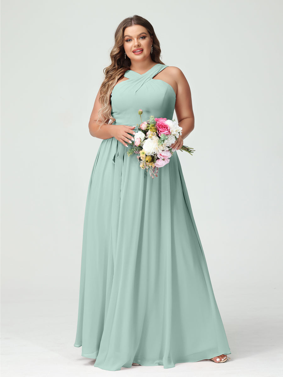 A-Line/Princess Criss Cross Sleeveless Chiffon Plus Size Bridesmaid Dresses with Sash Mist Blue