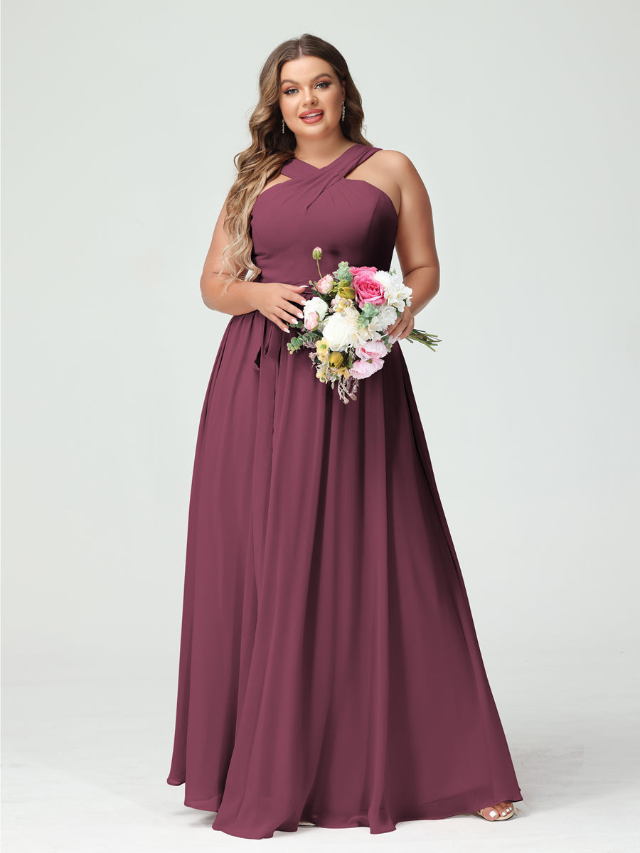 A-Line/Princess Criss Cross Sleeveless Chiffon Plus Size Bridesmaid Dresses with Sash Mulberry