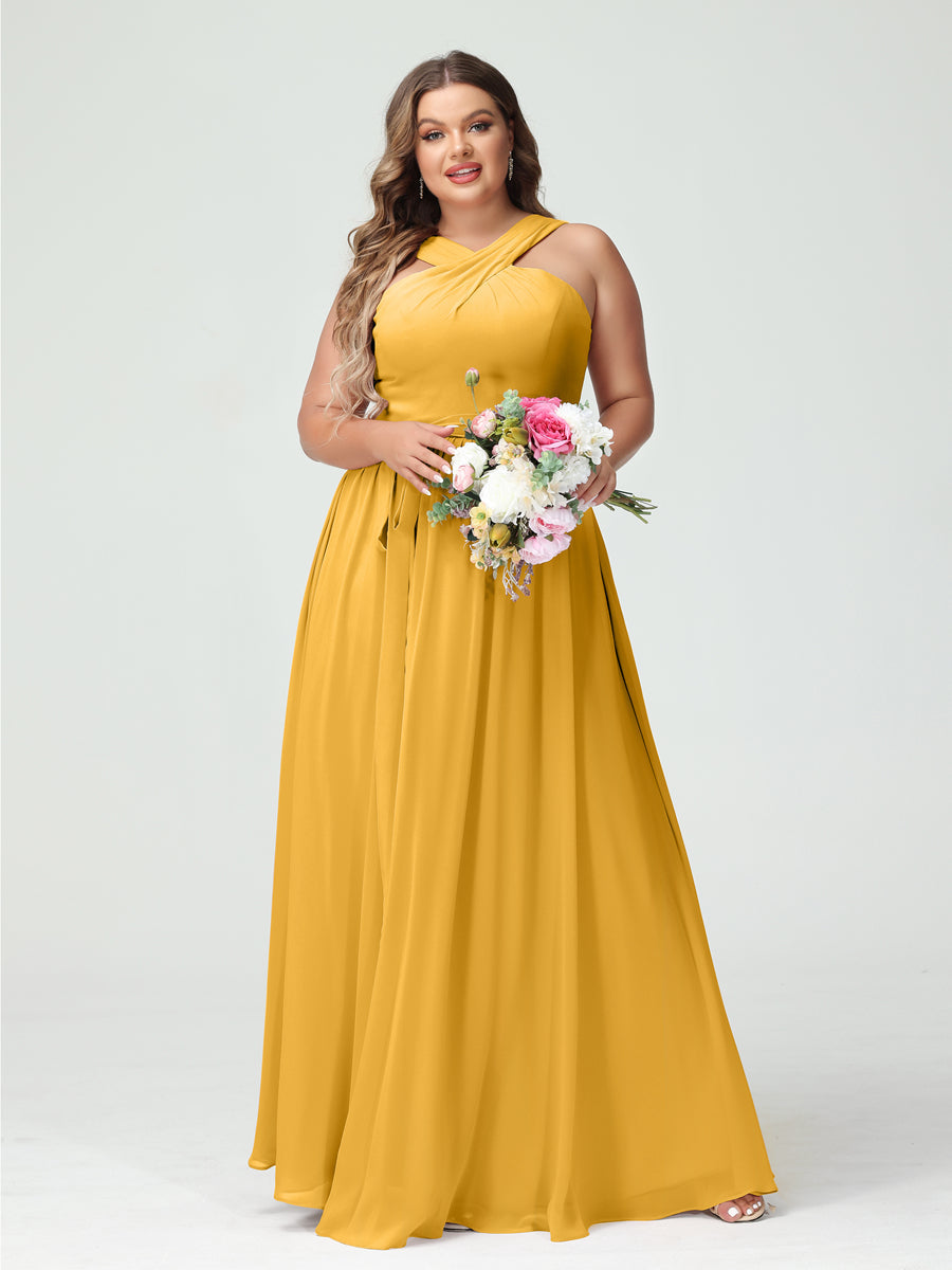 A-Line/Princess Criss Cross Sleeveless Chiffon Plus Size Bridesmaid Dresses with Sash Mustard Yellow