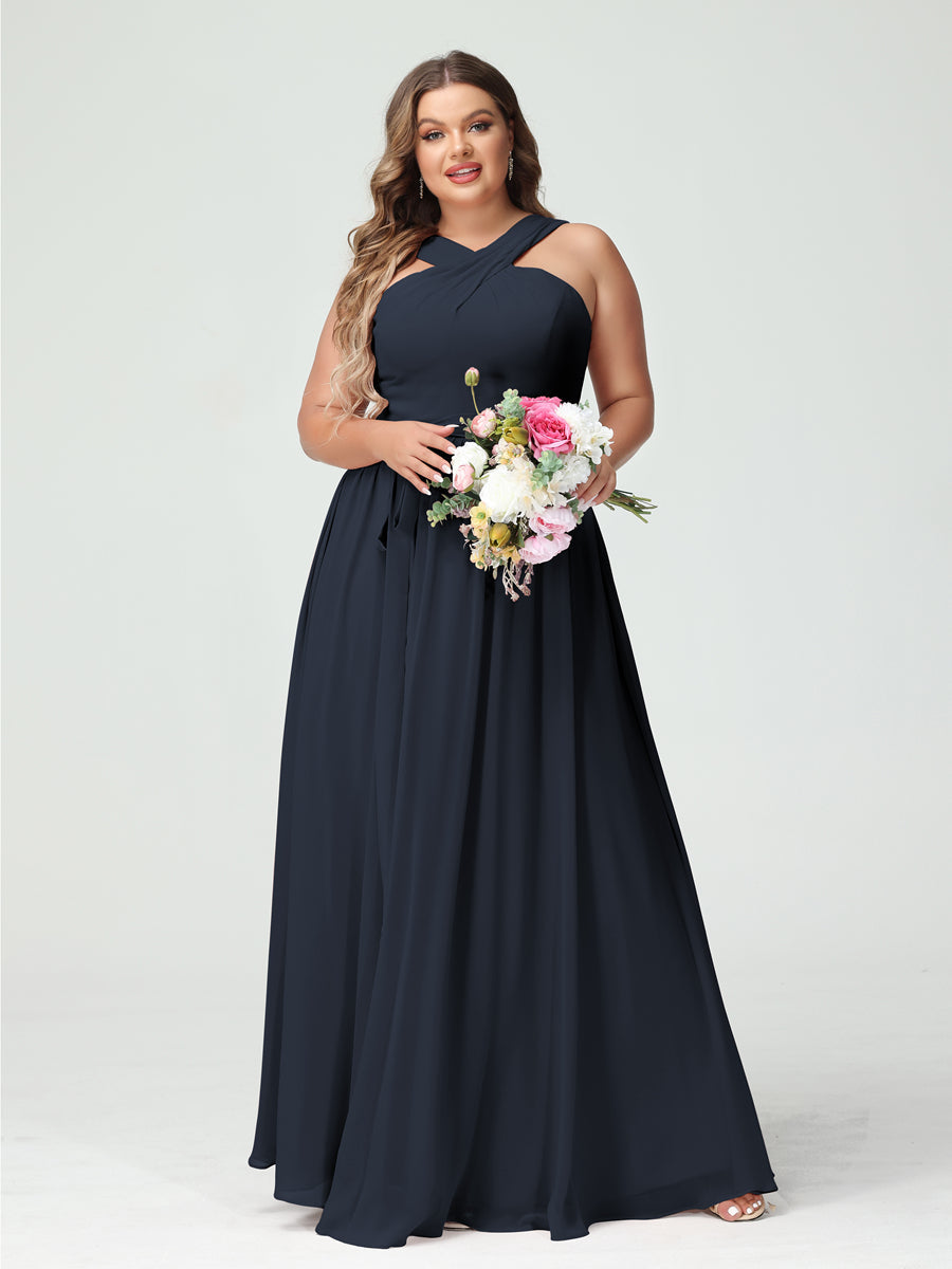 A-Line/Princess Criss Cross Sleeveless Chiffon Plus Size Bridesmaid Dresses with Sash Navy Blue