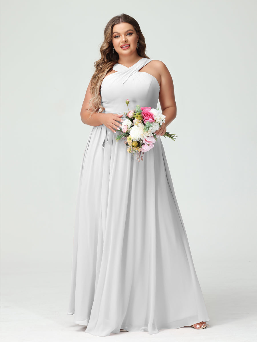 A-Line/Princess Criss Cross Sleeveless Chiffon Plus Size Bridesmaid Dresses with Sash Off White