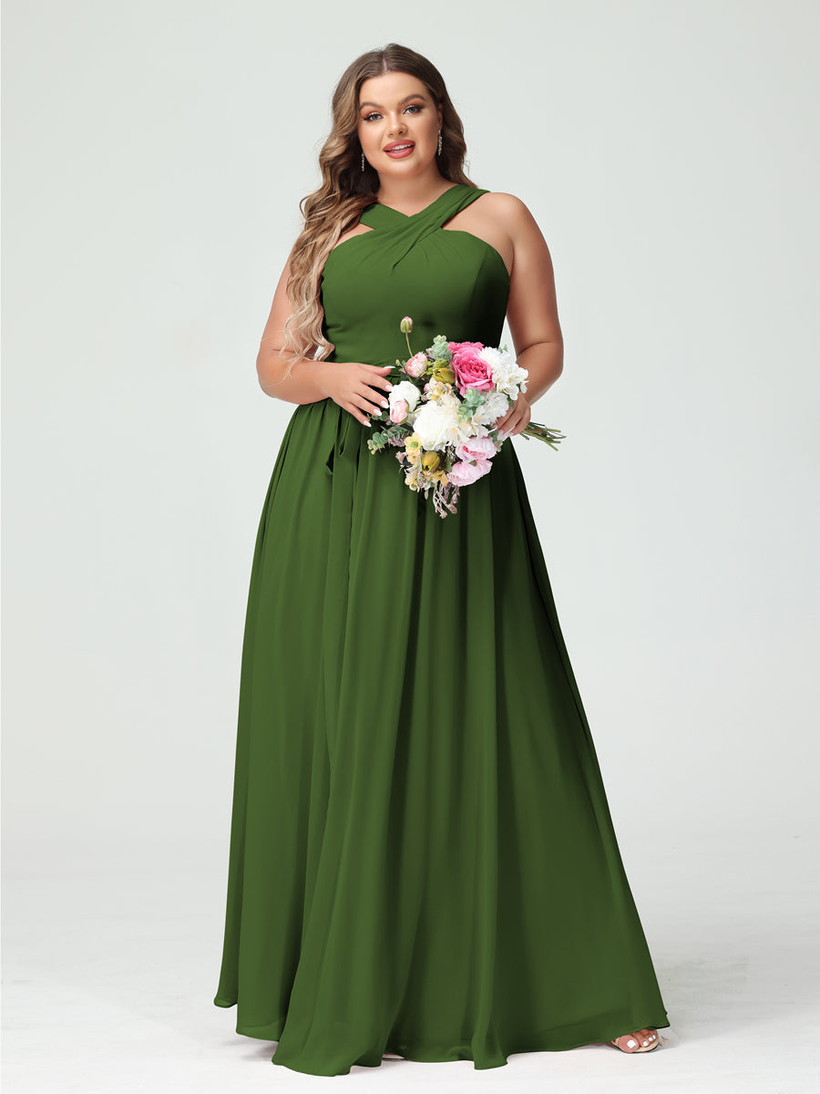 A-Line/Princess Criss Cross Sleeveless Chiffon Plus Size Bridesmaid Dresses with Sash Olive Green