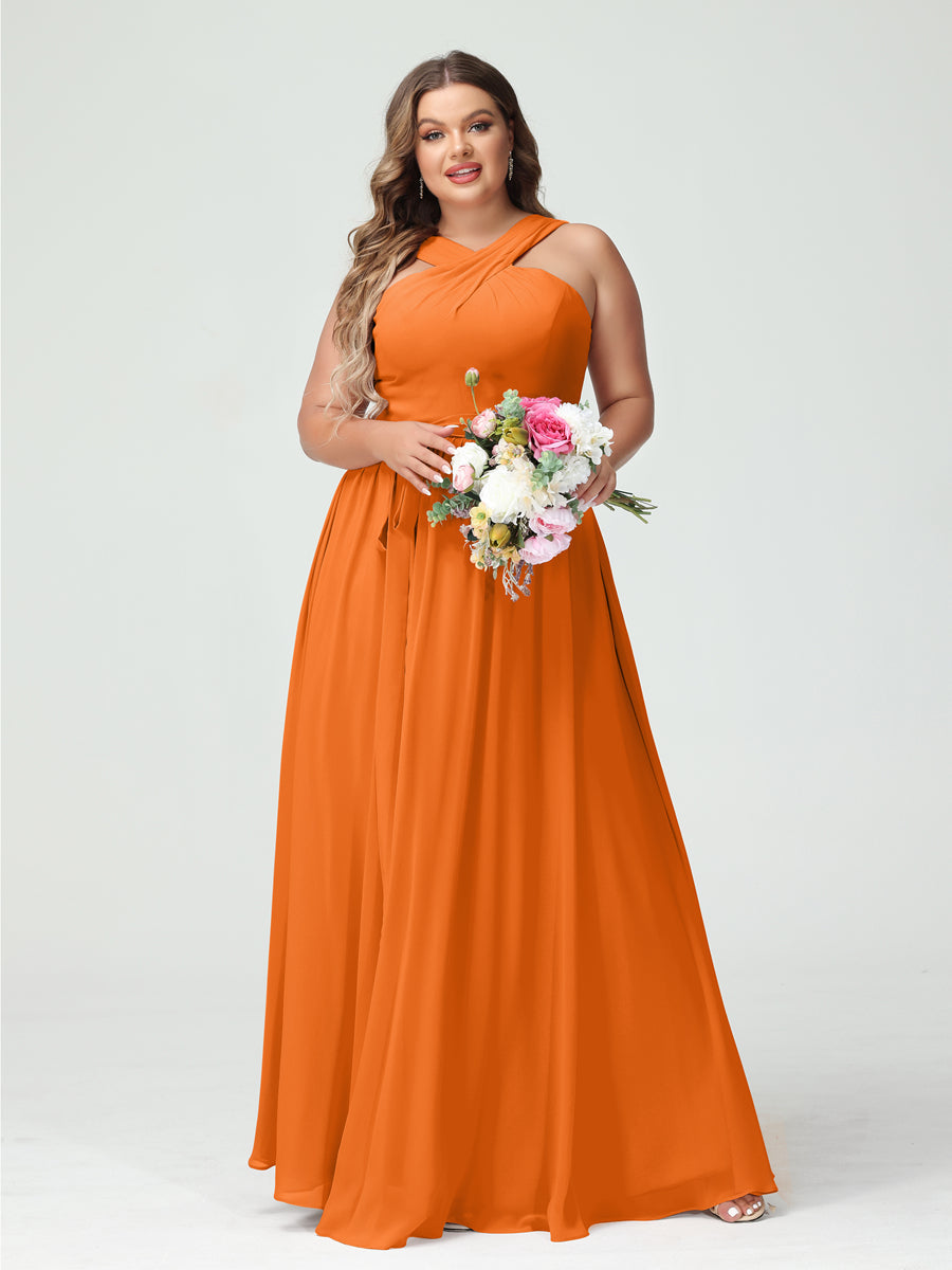 A-Line/Princess Criss Cross Sleeveless Chiffon Plus Size Bridesmaid Dresses with Sash Orange