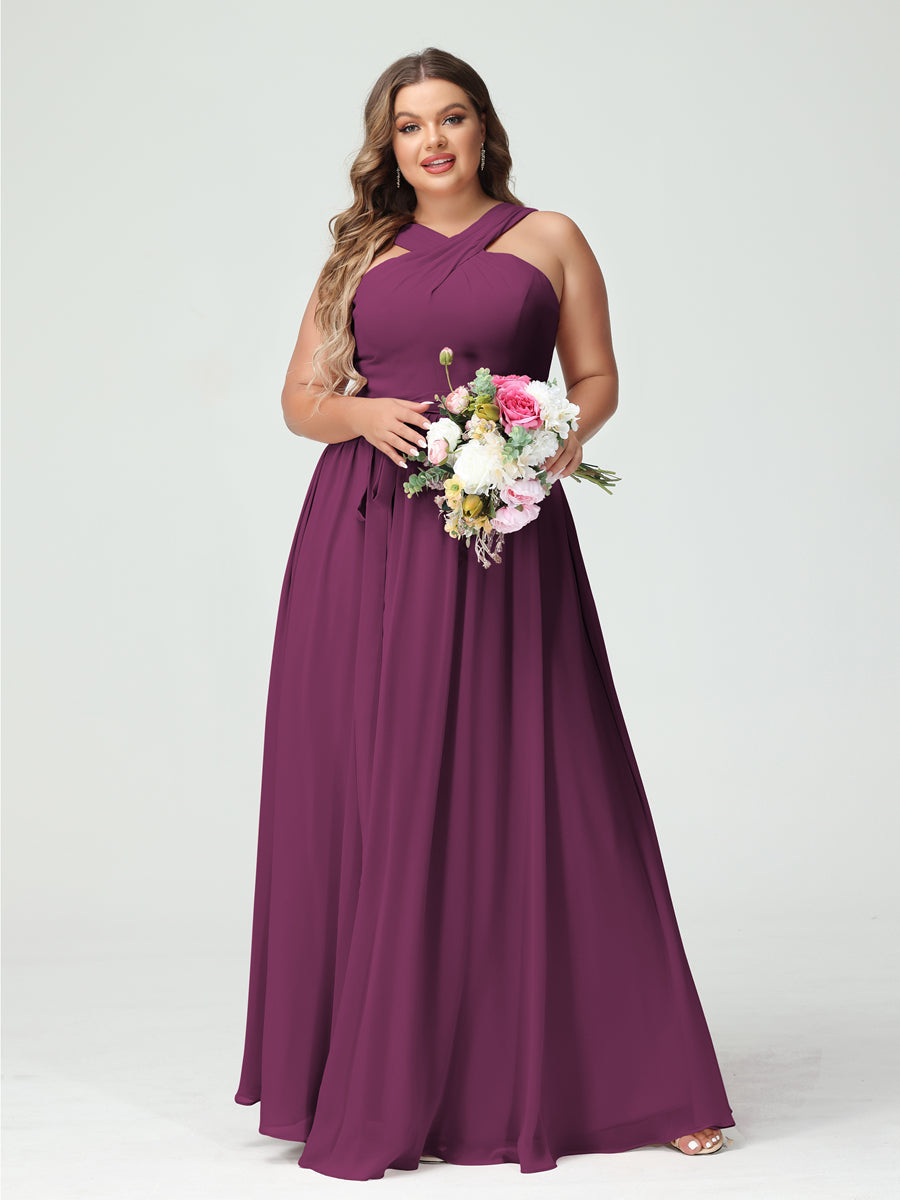 A-Line/Princess Criss Cross Sleeveless Chiffon Plus Size Bridesmaid Dresses with Sash Orchid