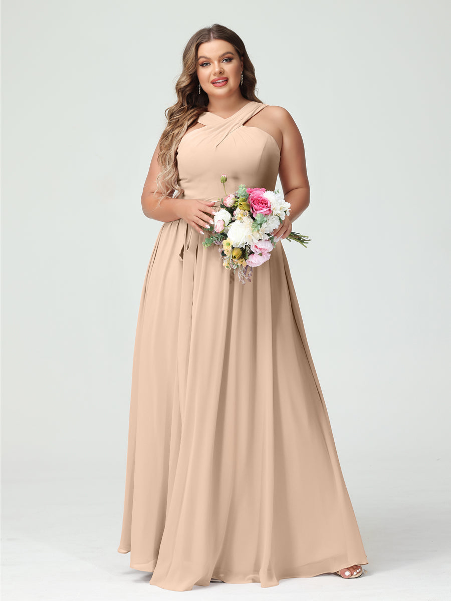 A-Line/Princess Criss Cross Sleeveless Chiffon Plus Size Bridesmaid Dresses with Sash Peach Pink