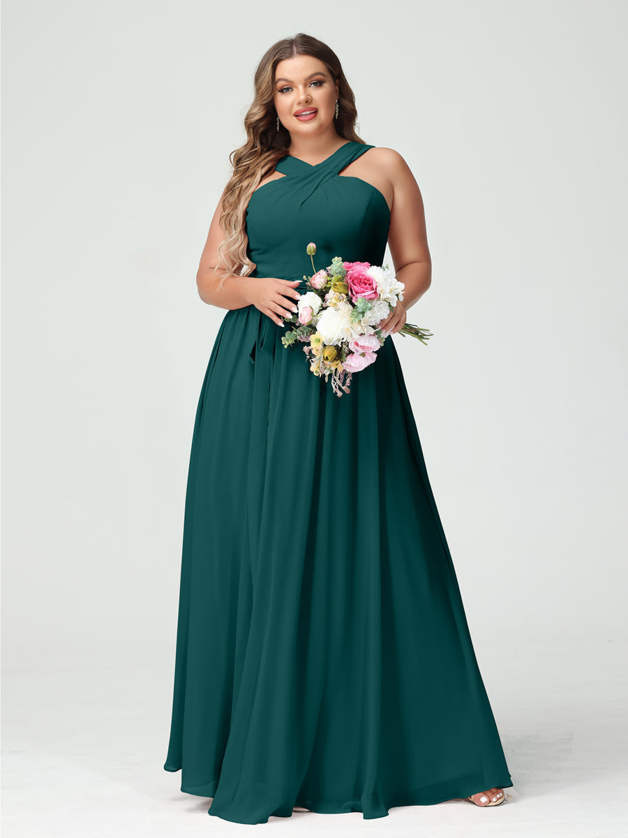 A-Line/Princess Criss Cross Sleeveless Chiffon Plus Size Bridesmaid Dresses with Sash Peacock