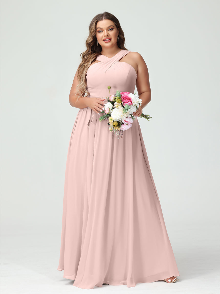 A-Line/Princess Criss Cross Sleeveless Chiffon Plus Size Bridesmaid Dresses with Sash Pearl Pink