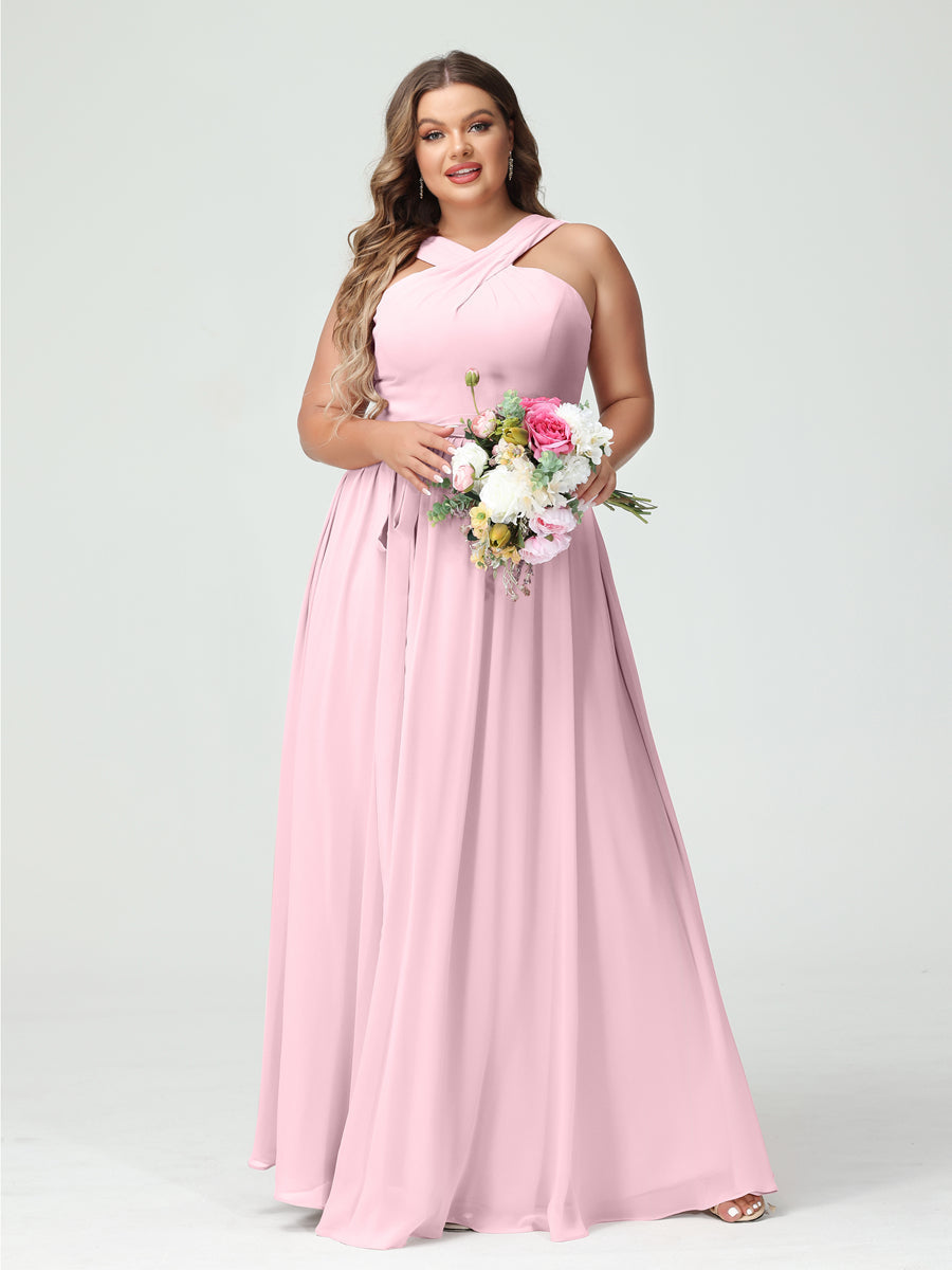 A-Line/Princess Criss Cross Sleeveless Chiffon Plus Size Bridesmaid Dresses with Sash Pink