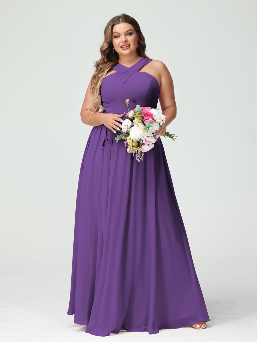 A-Line/Princess Criss Cross Sleeveless Chiffon Plus Size Bridesmaid Dresses with Sash Purple