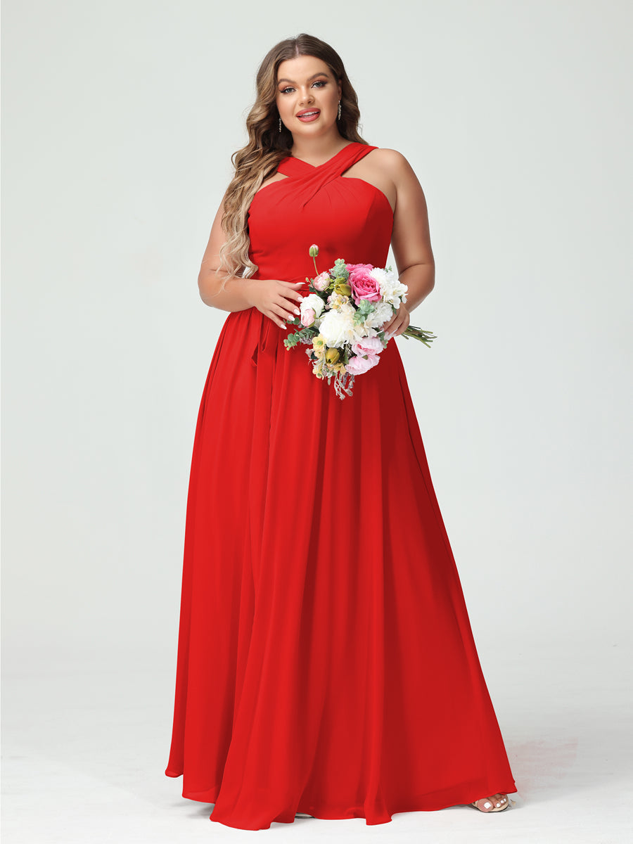 A-Line/Princess Criss Cross Sleeveless Chiffon Plus Size Bridesmaid Dresses with Sash Red