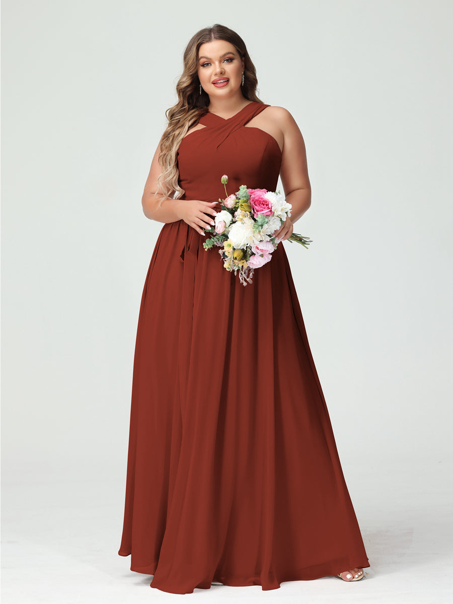 A-Line/Princess Criss Cross Sleeveless Chiffon Plus Size Bridesmaid Dresses with Sash Rust