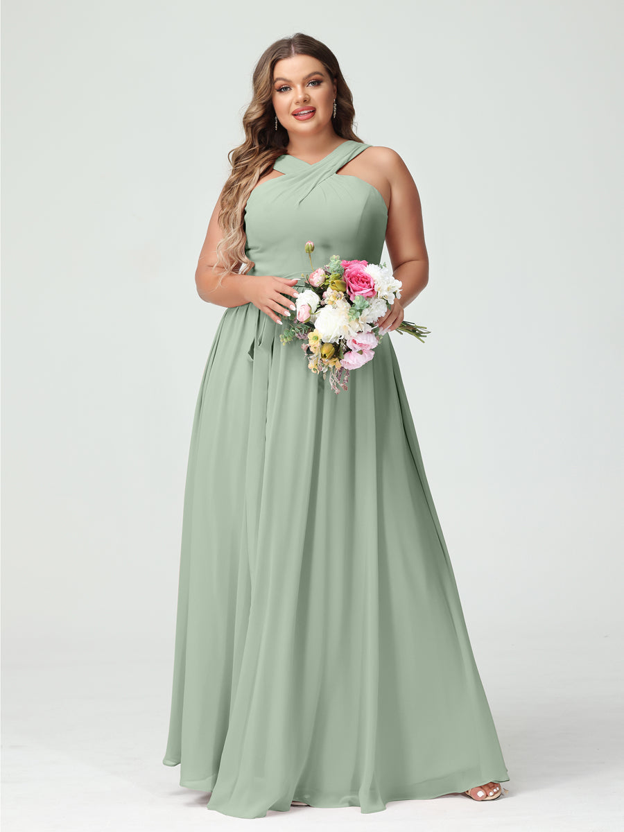 A-Line/Princess Criss Cross Sleeveless Chiffon Plus Size Bridesmaid Dresses with Sash Sage