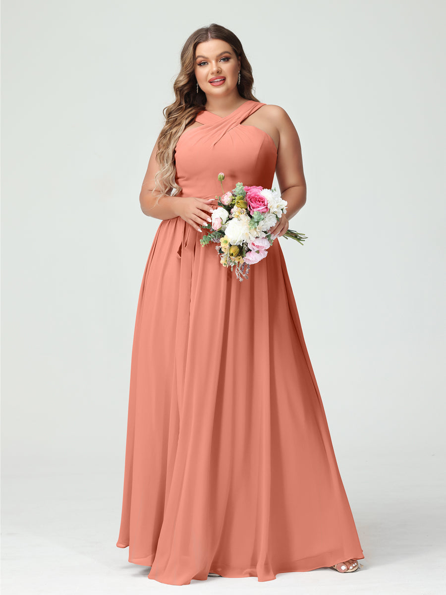 A-Line/Princess Criss Cross Sleeveless Chiffon Plus Size Bridesmaid Dresses with Sash Salmon