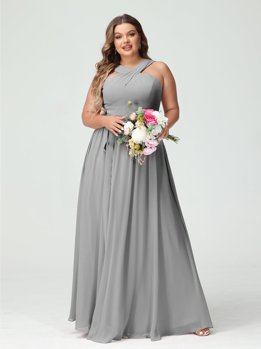 A-Line/Princess Criss Cross Sleeveless Chiffon Plus Size Bridesmaid Dresses with Sash Silver