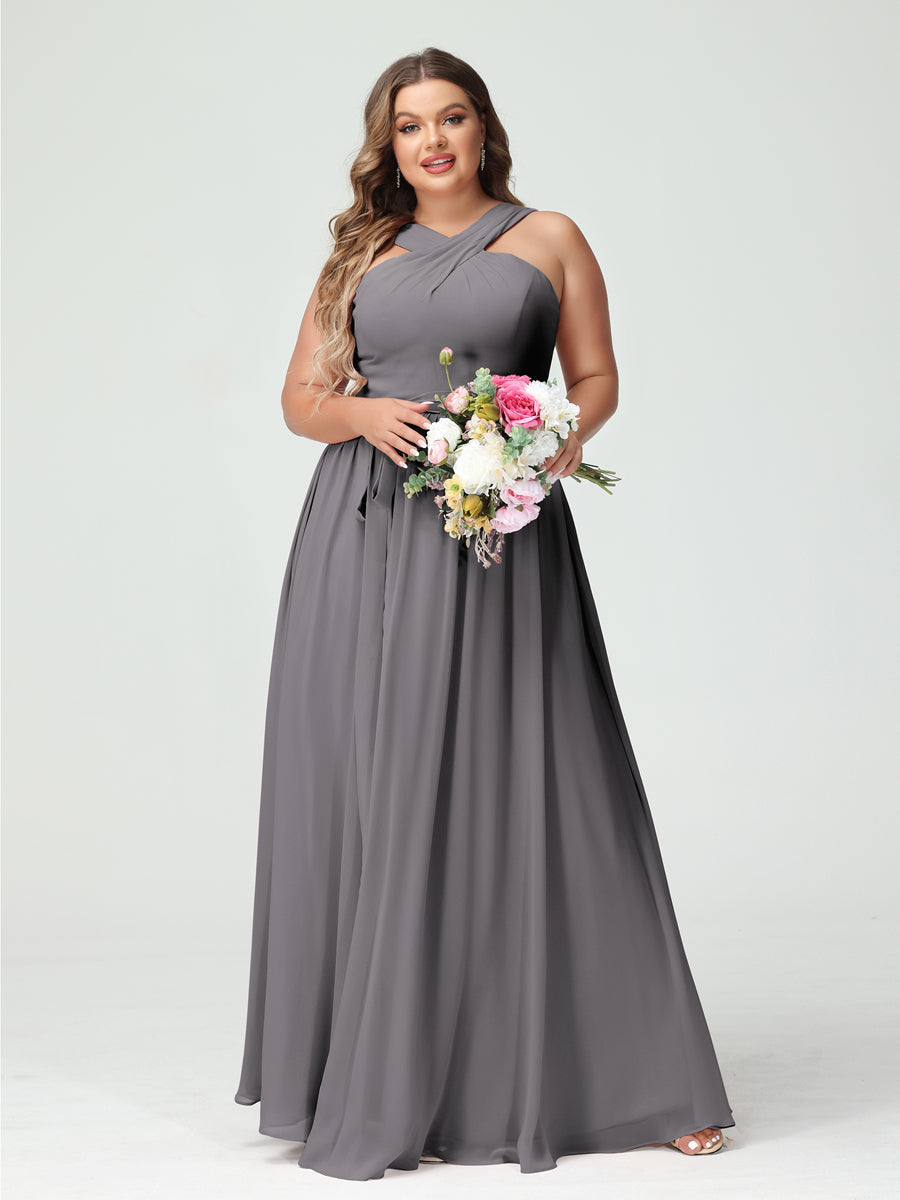 A-Line/Princess Criss Cross Sleeveless Chiffon Plus Size Bridesmaid Dresses with Sash Silver Gray