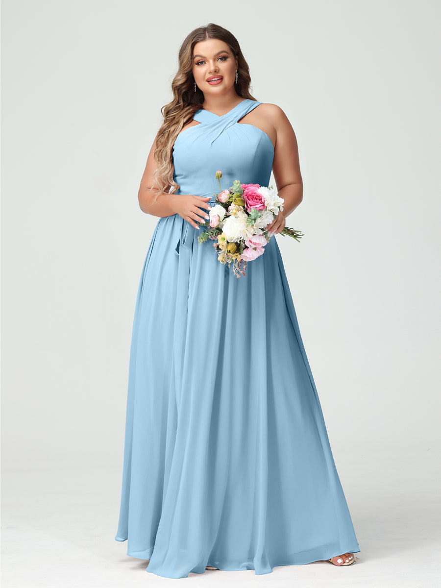 A-Line/Princess Criss Cross Sleeveless Chiffon Plus Size Bridesmaid Dresses with Sash Sky Blue