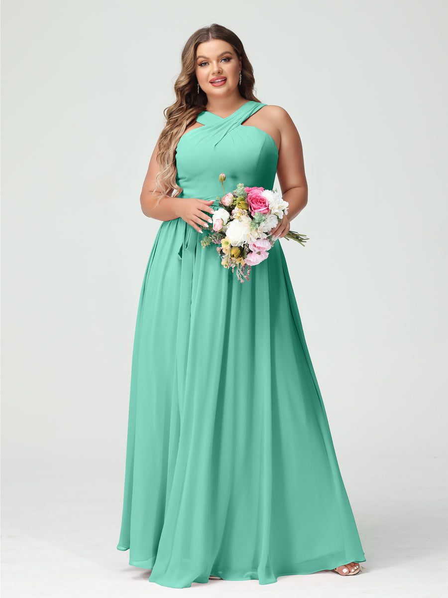 A-Line/Princess Criss Cross Sleeveless Chiffon Plus Size Bridesmaid Dresses with Sash Spa