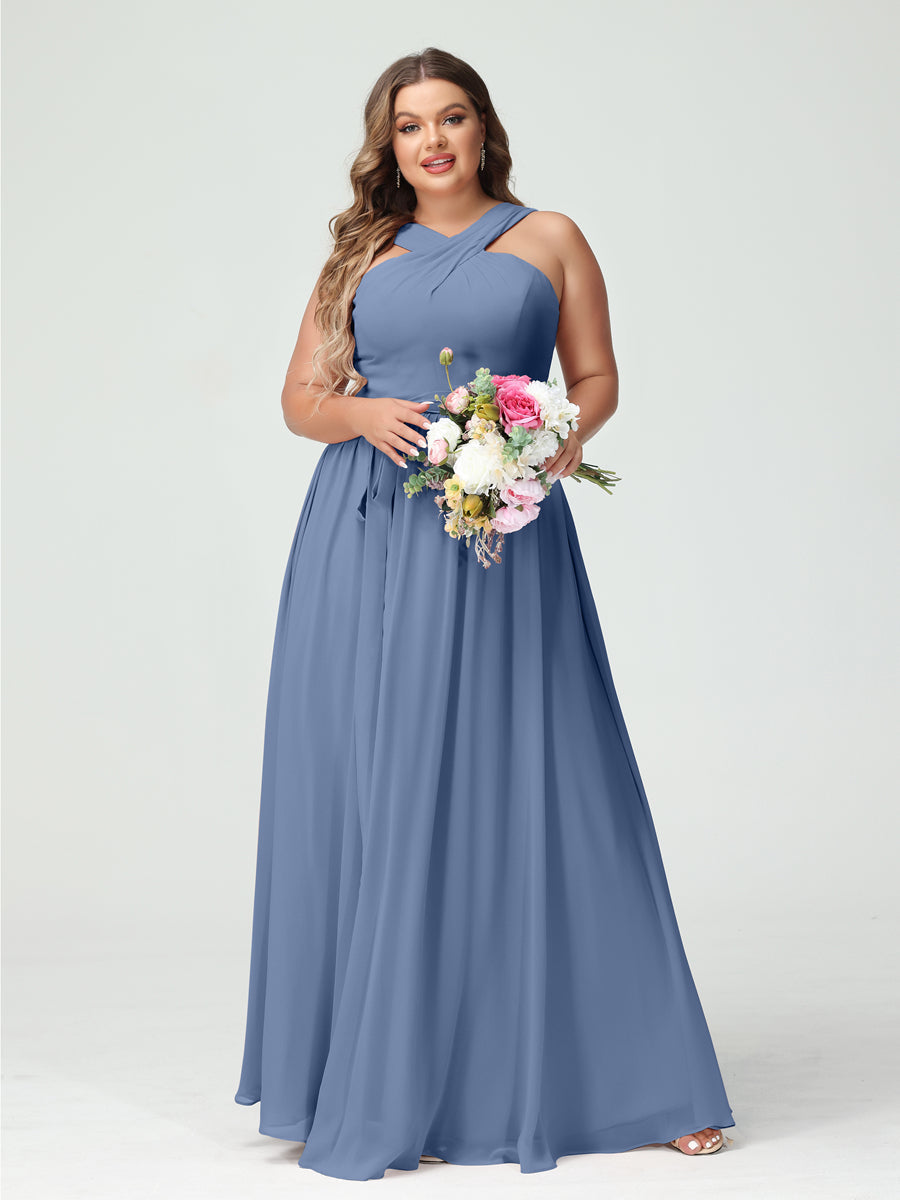 A-Line/Princess Criss Cross Sleeveless Chiffon Plus Size Bridesmaid Dresses with Sash Steel Blue