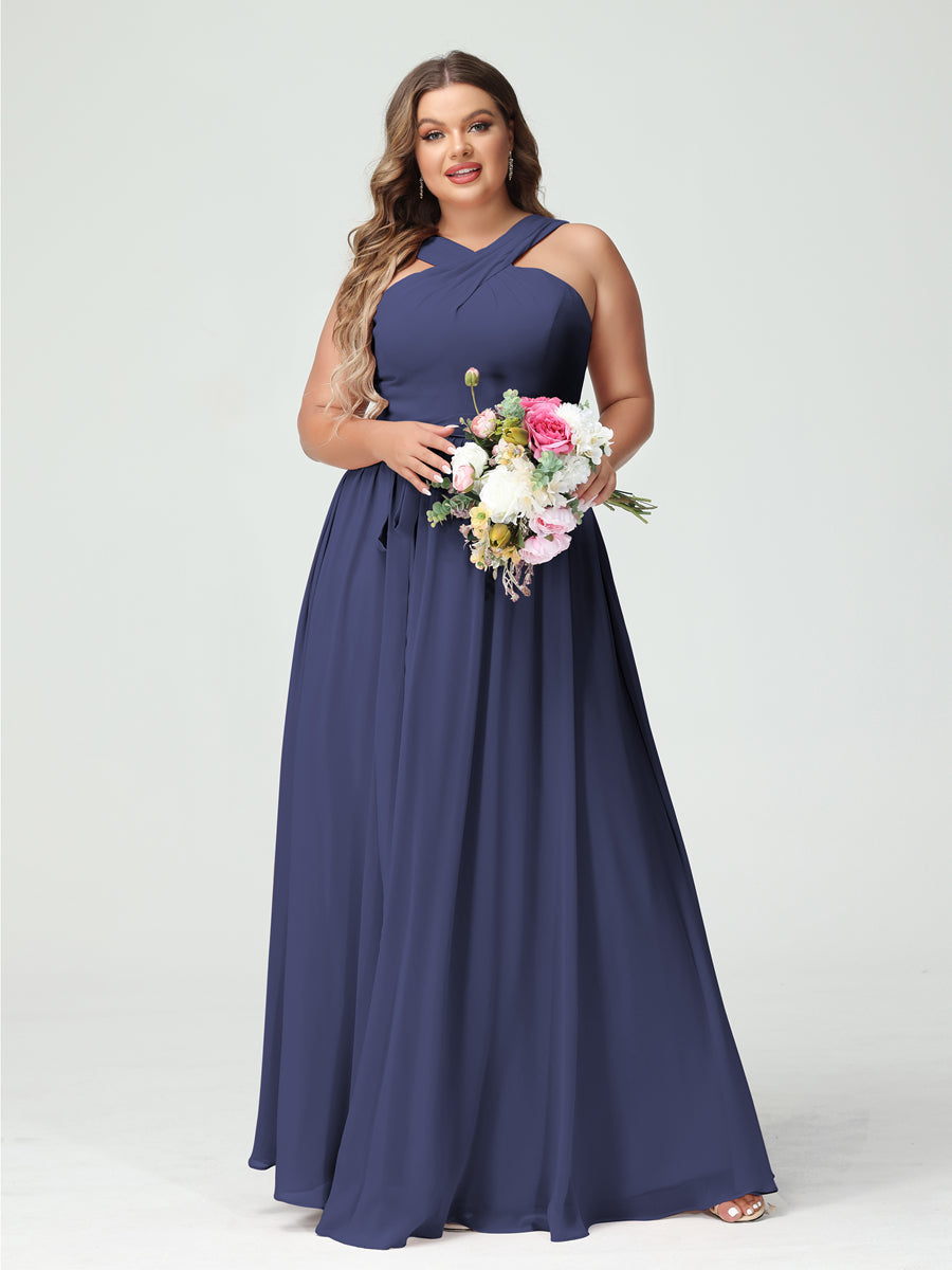 A-Line/Princess Criss Cross Sleeveless Chiffon Plus Size Bridesmaid Dresses with Sash Stormy Blue