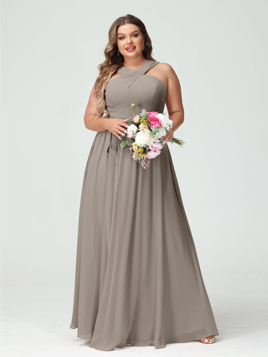 A-Line/Princess Criss Cross Sleeveless Chiffon Plus Size Bridesmaid Dresses with Sash Taupe