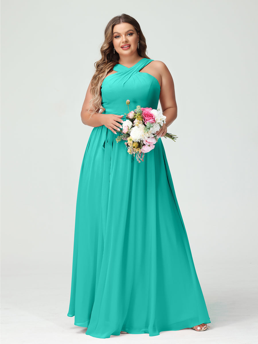 A-Line/Princess Criss Cross Sleeveless Chiffon Plus Size Bridesmaid Dresses with Sash Turquoise