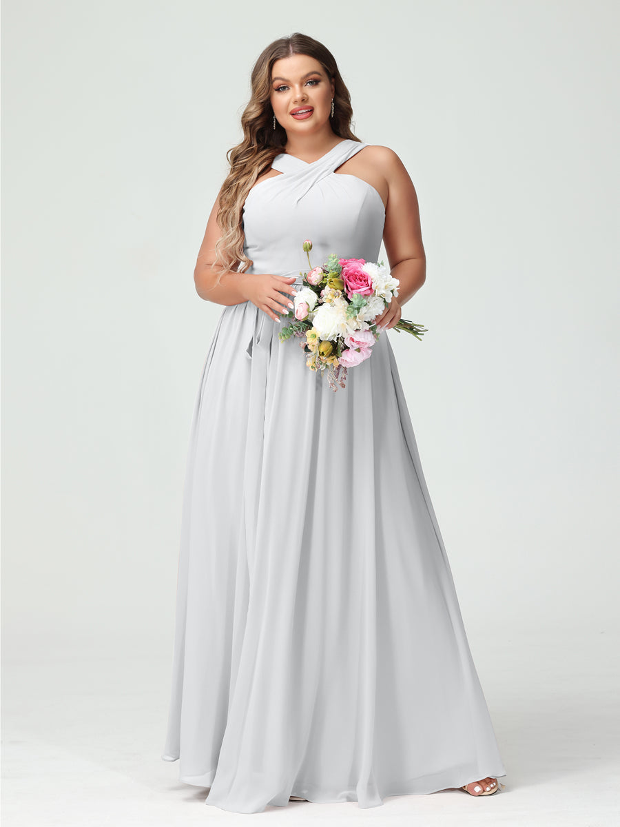 A-Line/Princess Criss Cross Sleeveless Chiffon Plus Size Bridesmaid Dresses with Sash White