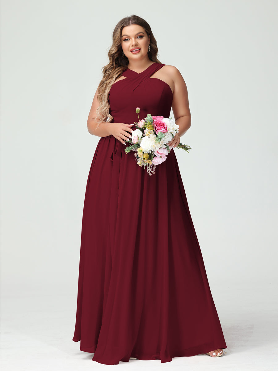 A-Line/Princess Criss Cross Sleeveless Chiffon Plus Size Bridesmaid Dresses with Sash Wine Red